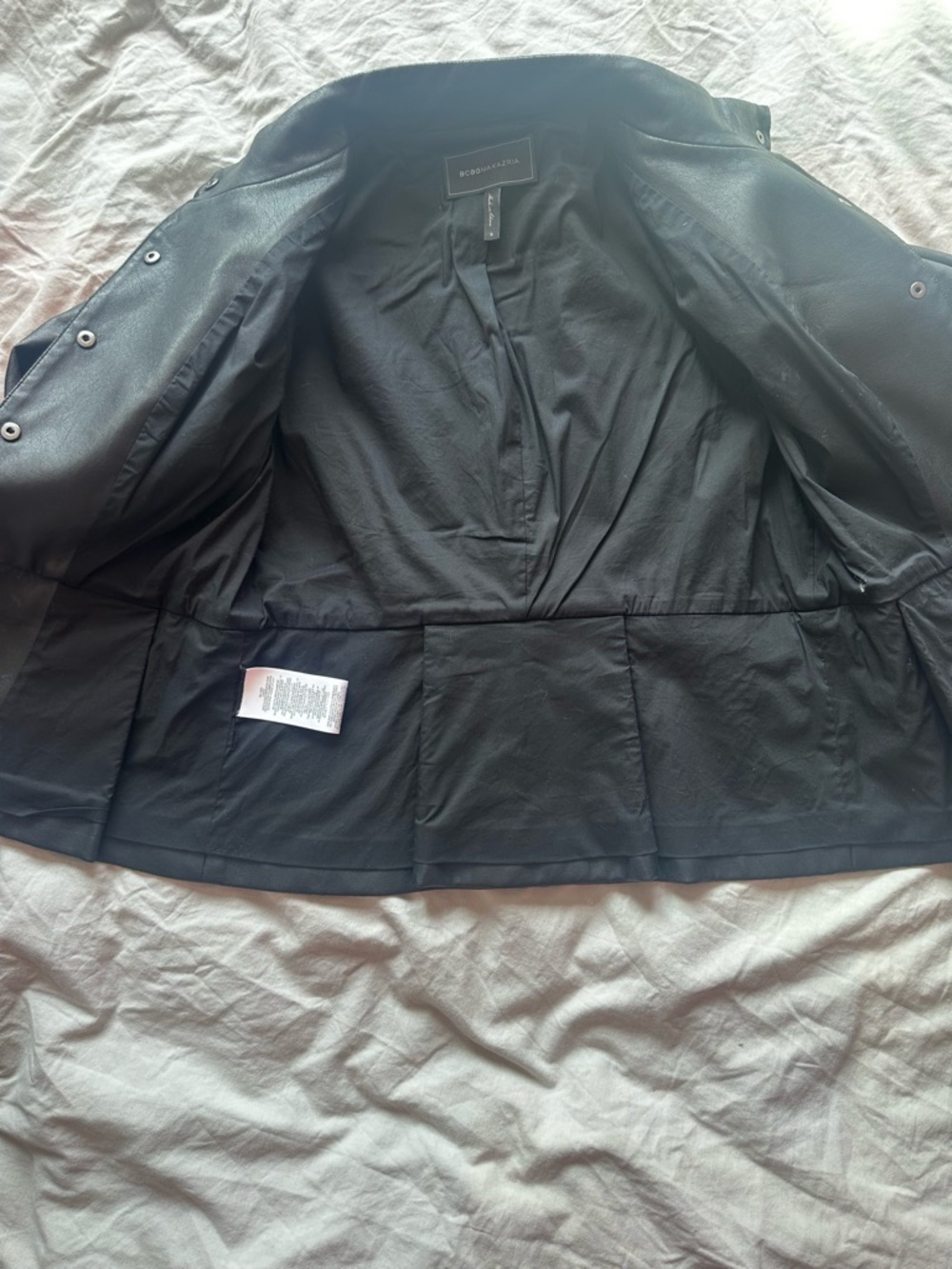 BCBGMAXAZRIA Black Faux Leather Pleated Sleeve Jacket Peplum Tie Waist S - Picture 11 of 15